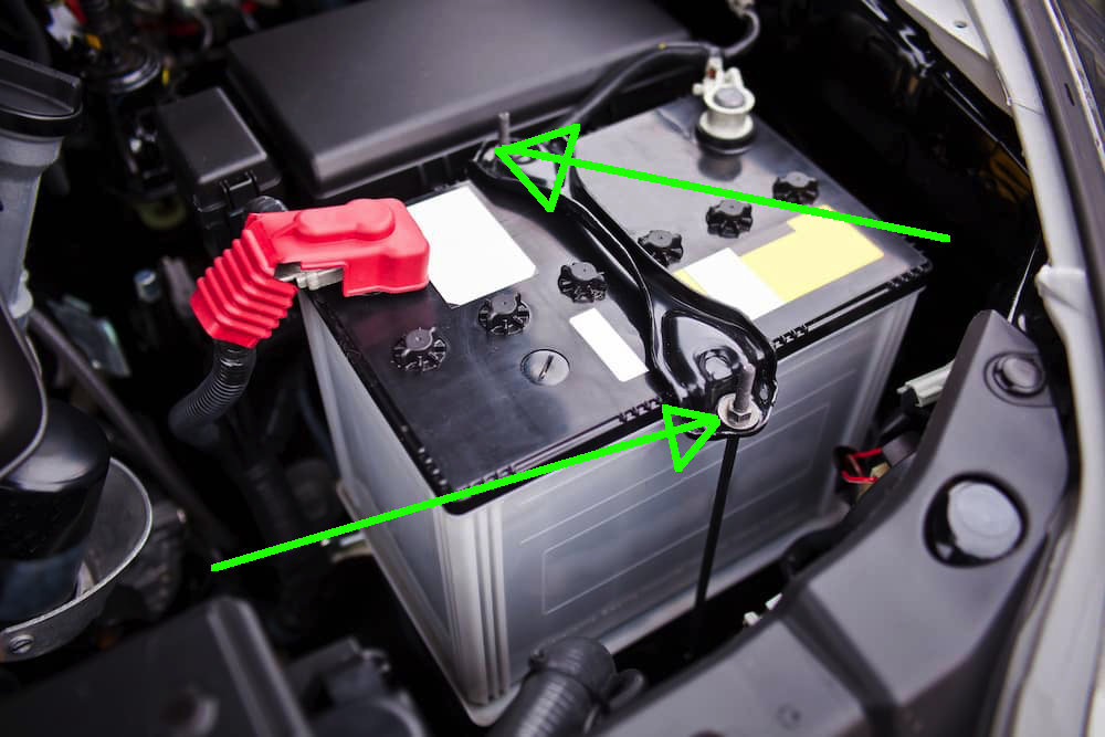 A car battery safely connected with a cross bar.