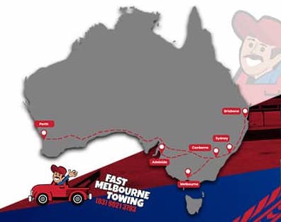Map of Australia showing Fast Melbourne Towing's interstate vehicle transport routes and service locations.