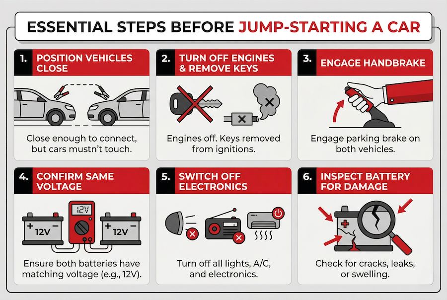 Essential steps before jump starting a car safely in Melbourne including positioning vehicles, turning off engines, and checking battery condition