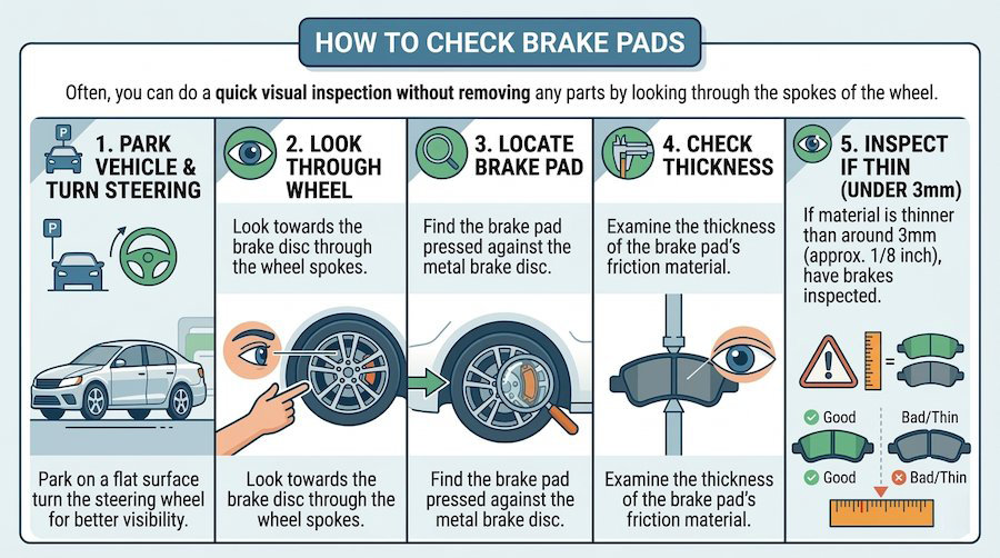 Infographic explaining how to check brake pad thickness through wheel spokes and inspect pads