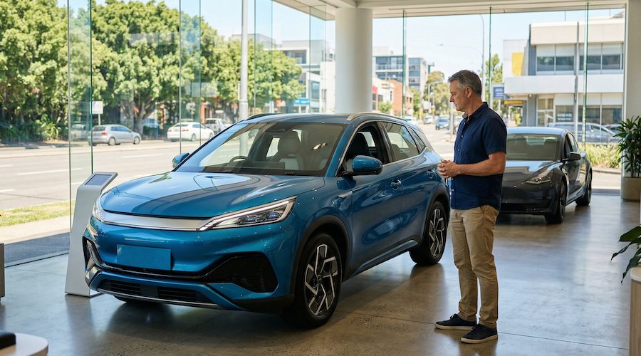 Driver inspecting new car in Melbourne dealership with focus on petrol efficiency and rising fuel prices