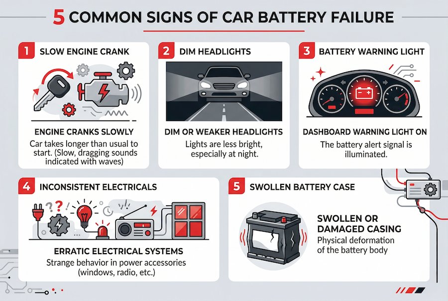 Common signs of car battery failure in Melbourne including slow engine crank, dim headlights, and battery warning light