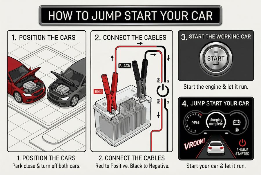 Step-by-step guide on how to jump start a car using jumper cables in Melbourne with correct cable connections and safe starting process