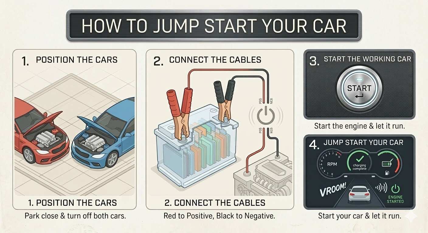 Step by step guide showing how to jump start a car safely using jumper cables