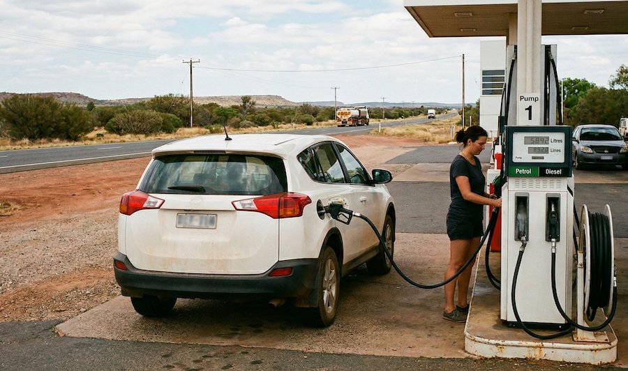 Vehicle refuelling at petrol station in regional Melbourne showing increasing petrol prices and cost of travel