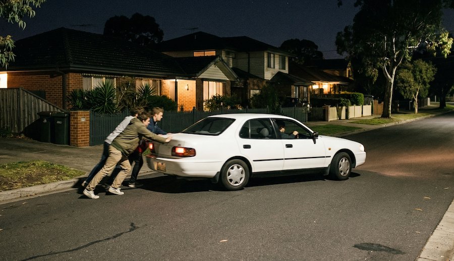 People push starting a car at night on a suburban Melbourne street to restart a stalled vehicle safely