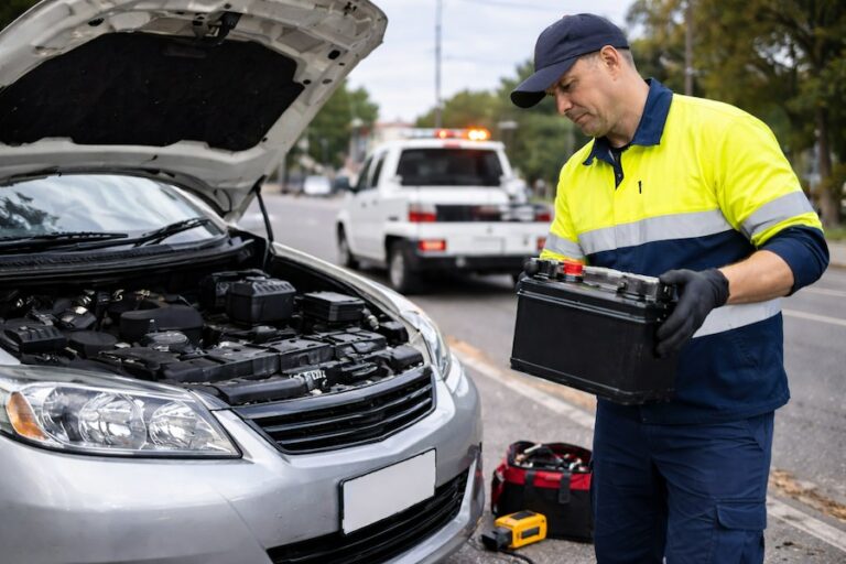 Roadside technician replacing a car battery during a breakdown in Melbourne