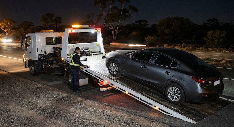 Tow truck loading vehicle at night in Melbourne showing how petrol prices affect towing service costs